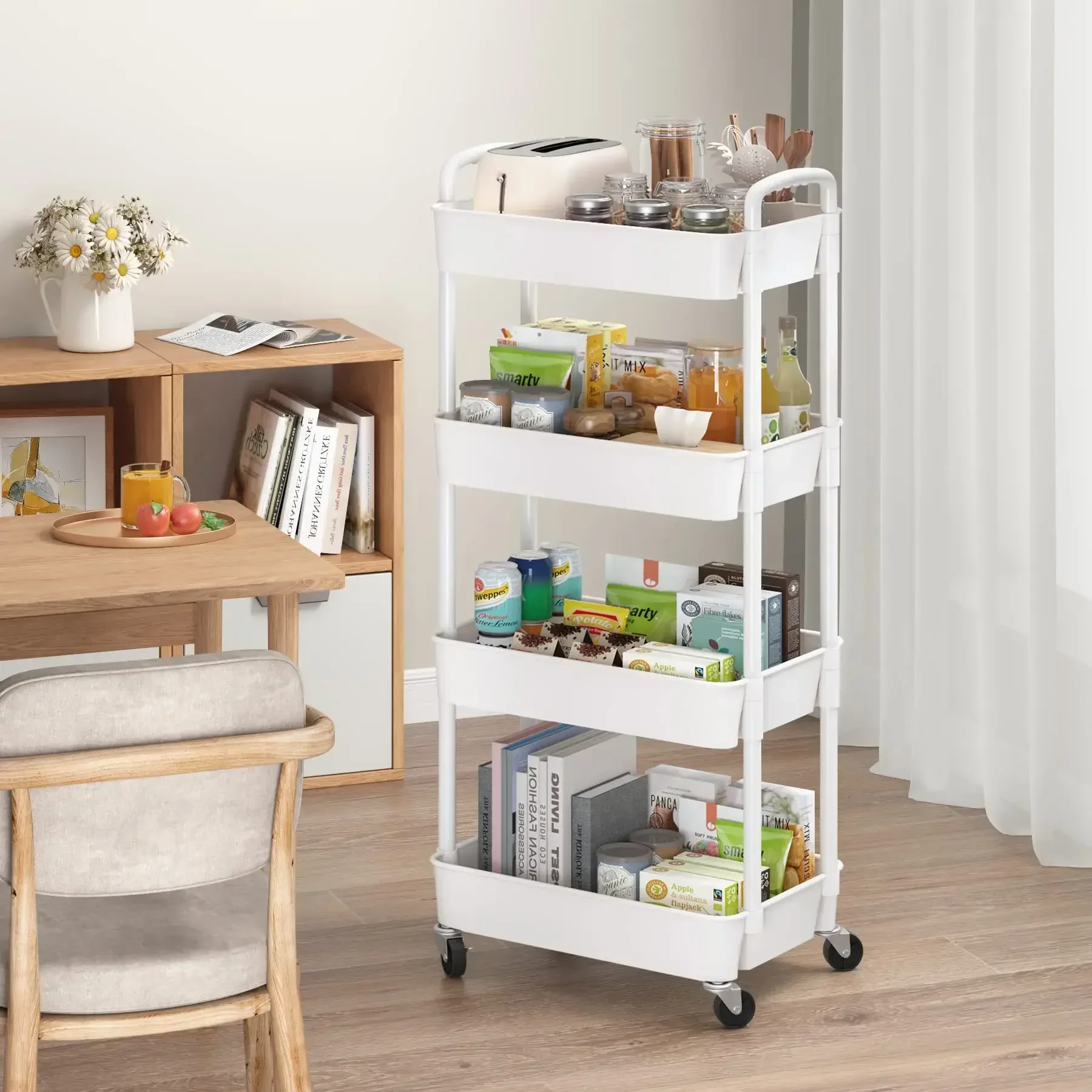 1pc 3/4 Tier Rolling Storage Cart High Capacity Storage Shelf Movable Gap Storage Rack Kitchen Bathroom And Livingroom Organizer