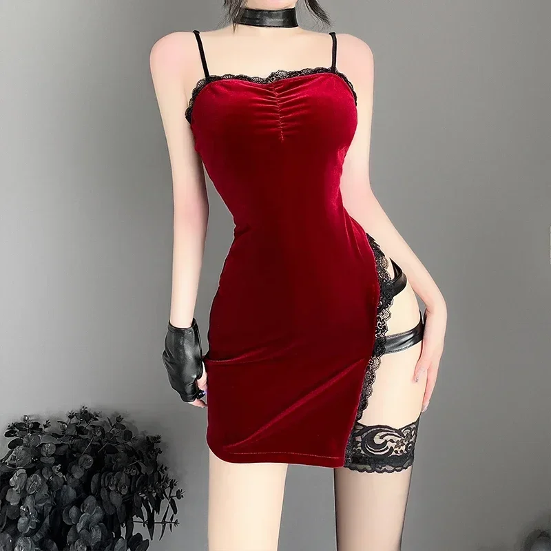Chinese Cheongsam Uniform Cosplay Naughty Women Sexy Lingerie Sleeveless Bodycon Dress with Panties+Neck Ring+Gloves Set
