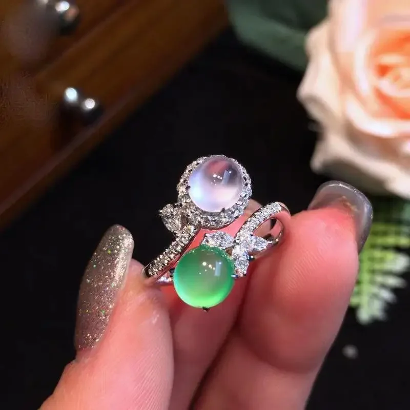 

silver 925 natural ice chalcedony rings for women inlaid diamonds light purple green dual color circular ring charm jewelry