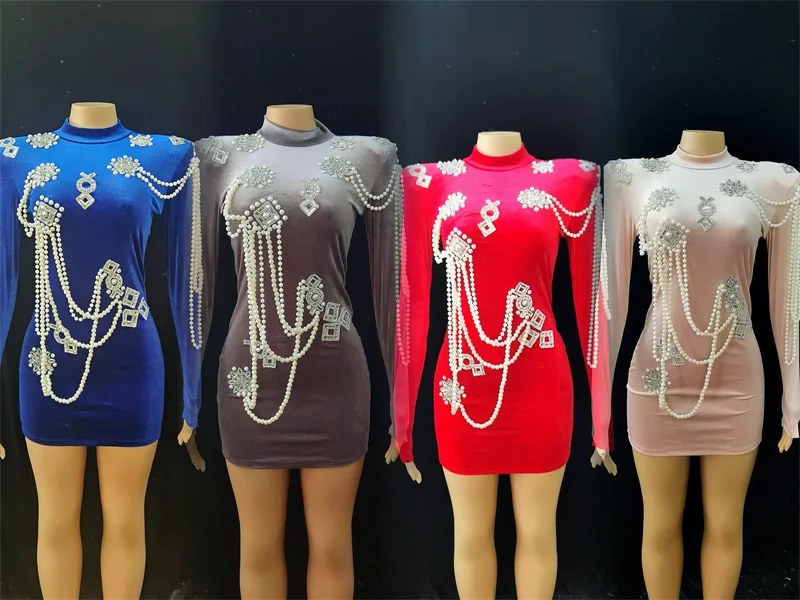 

HIGH QUALITY Newest2024 Designer Stylish Fashion Women's Long Sleeve Pearls Chains Diamond Beaded Velvet Dress