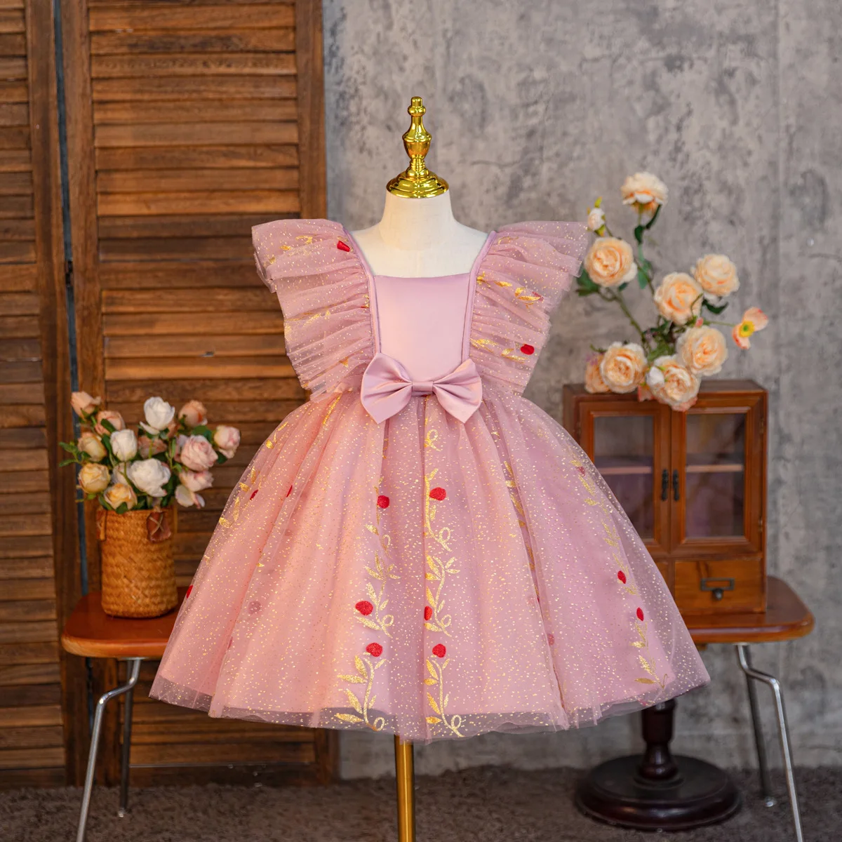 صيف جديد شعبية شبكة مطبوعة فستان السنة الجديدة شبكة نفخة فستان كبير تحلق كم فتاة الأميرة تنورة