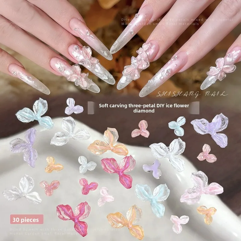 LYLE 30Pcs New Cross-border Soft Carved Three Petal Flower Resin Rhinestones Transparent White Purple Press-on Nail Decorations