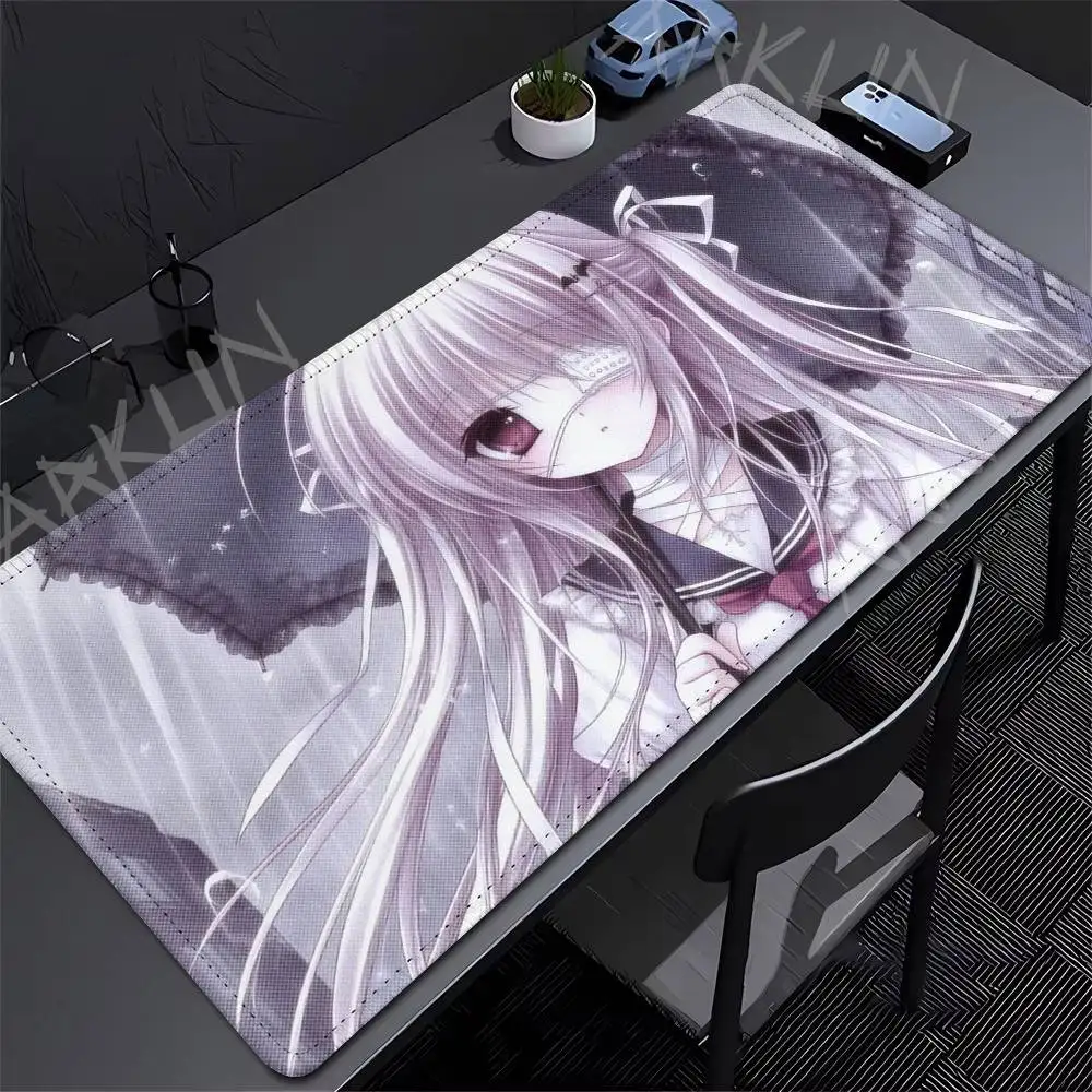 Pale White Hair Anime Girl Gaming Mouse Pad, Eye Patch Bandage Girl With Black Desk Mat