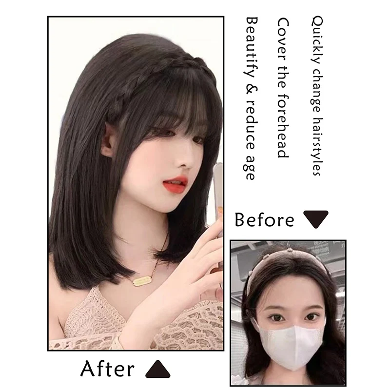 Peluca sintética con flequillo y patillas, diadema trenzada a la moda, diadema trenzada para mujer, extensión de cabello, pelucas trenzadas con flequillo