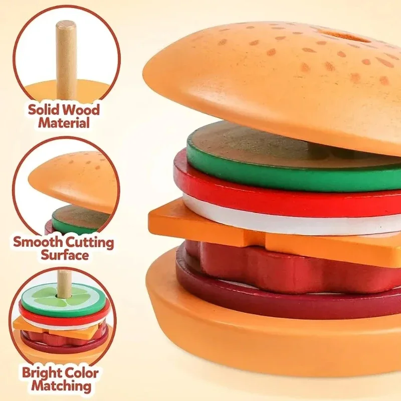 Wooden Hamburger Stacking Toy Montessori Kid Preschool Educational-Toy Color Shape Cognition Matching Kitchen Toys For Children