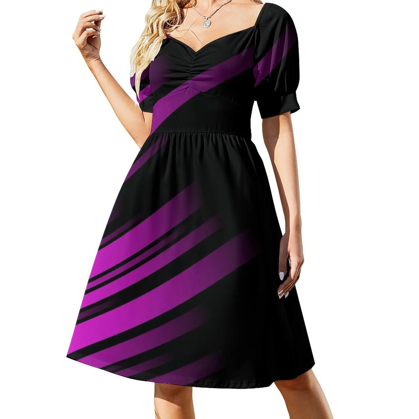 

Abstract Glowing Fuchsia and Black Striped Short Sleeved Dress summer dresses ladies 2025 Summer dresses for women Dress