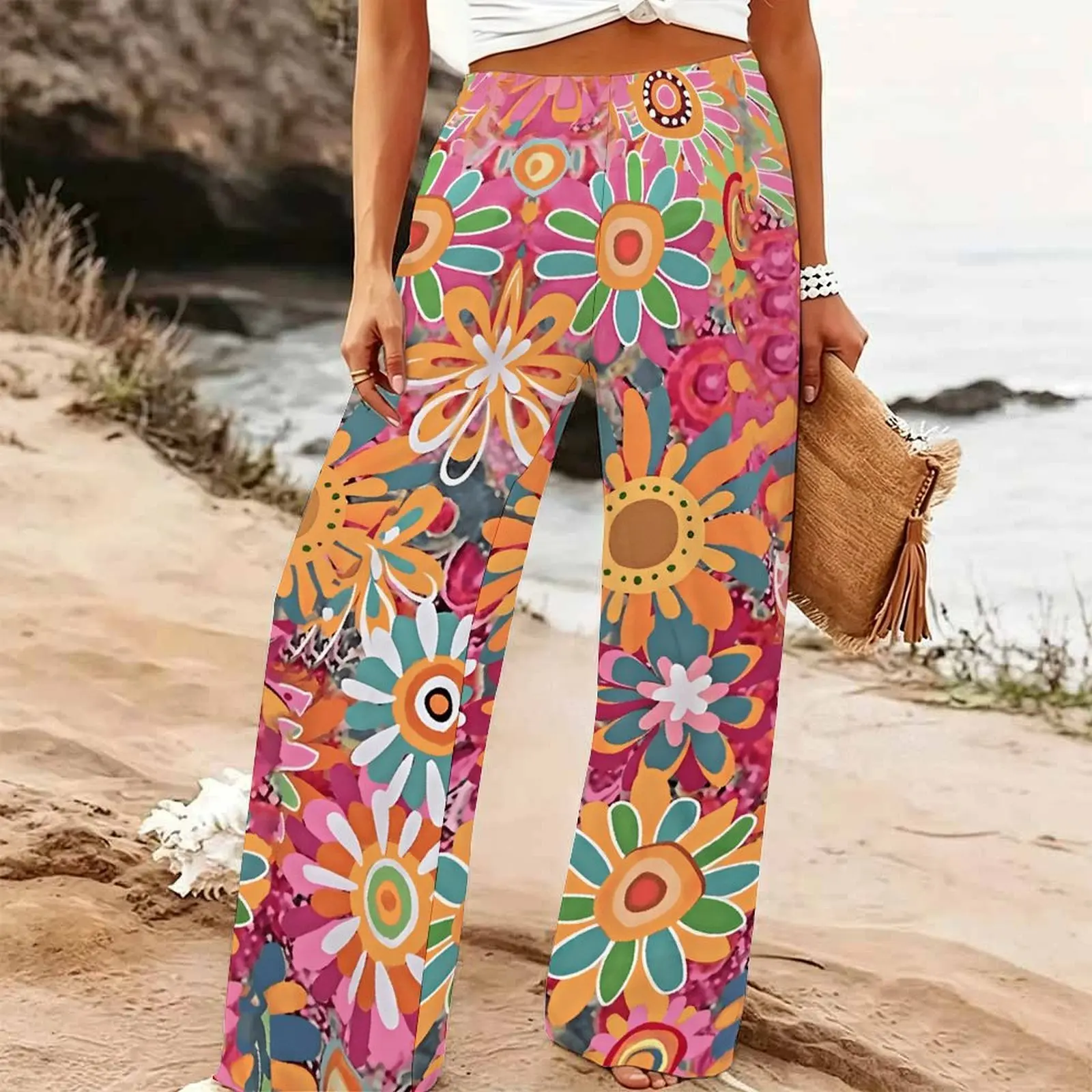 Women's Summer Beach Wide Leg Trousers Floral Print Elastic High Waist Loose Fit Casual Vacation Palazzo Pants