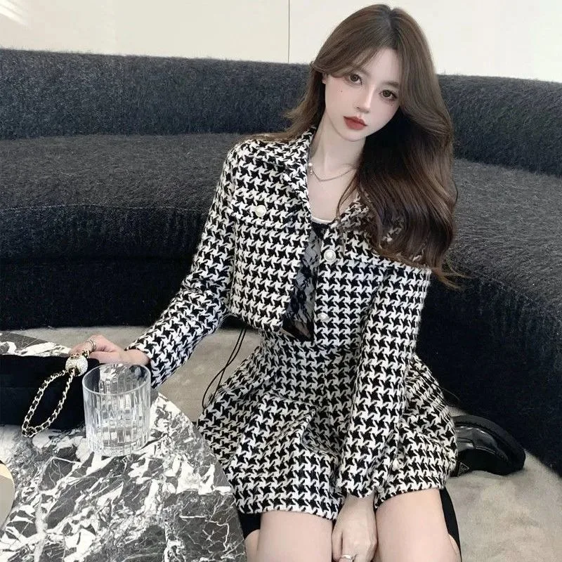 Autumn Wear Complete Short Dress Set Women\'s Fashion Two-piece Suits Girls Hong Kong Style Retro Chic New Jacket Pleated Skirt