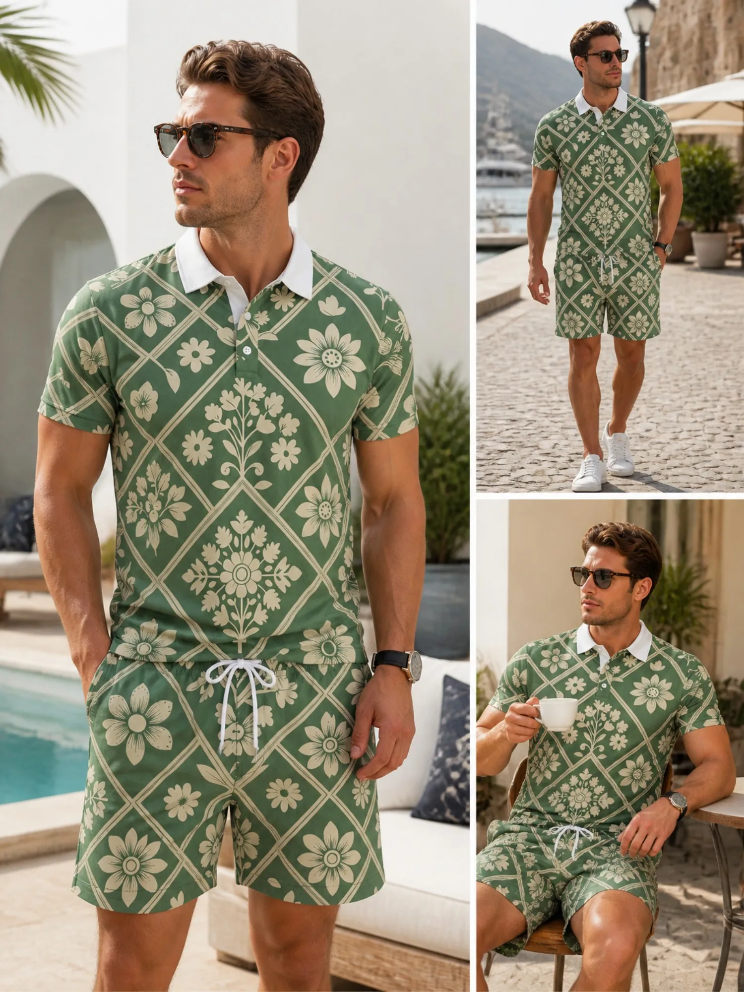 

Mens Short Sleeve Polo Shirt and Shorts Set Casual Two Piece Summer Beach Vacation Matching Outfit Comfy Easy Casual Lounge Wear