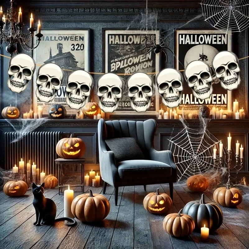 1PC Halloween Skull Banner Garland Paper Skull Head Bunting Flag Spooky Hanging Pull Flag Decor for Halloween Party Decoration