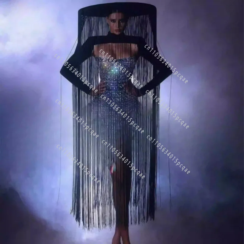 Long Tassel Hat Flowing Fringe Performance Hat for Stage Show Bar Performance Costume Headpiece Photo Studio Shooting Props