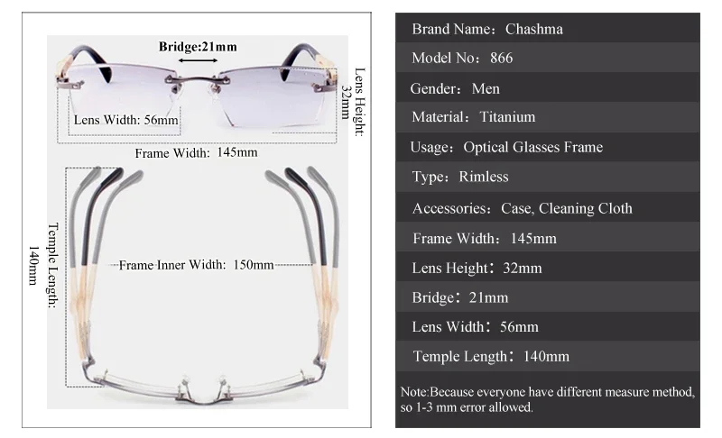 Chashma Diamond Trimmed Titanium Frame Bamboo Temple Tint Lenses Quality Rimless Prescription Glasses Frame for Man and Women