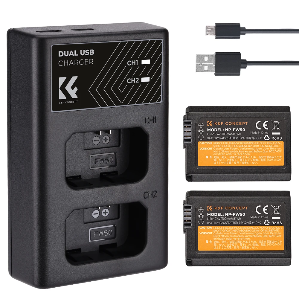 K&F Concept NP-FW50 1100mAh Rechargeable Battery/Charger for NP FW50 Sony NEX 5/7 A7 A7II A6000 A7S A6100 A6400 A6500 RX10 ZVE10