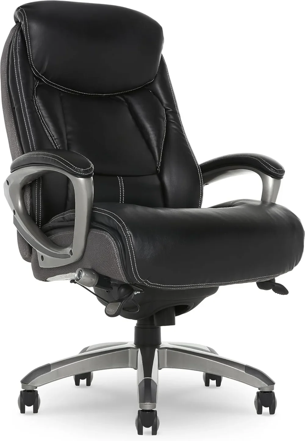 Office Smart Layers Technology Leather and Mesh Ergonomic Computer Chair with Contoured Lumbar and ComfortCoils, Black and Grey