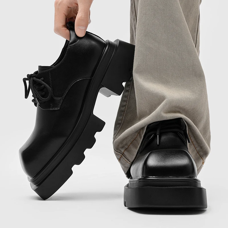 Personalized Square Toe Thick Soled Casual Derby Shoes Height Increasing Anti Slip Lightweight Youthful Fashionable