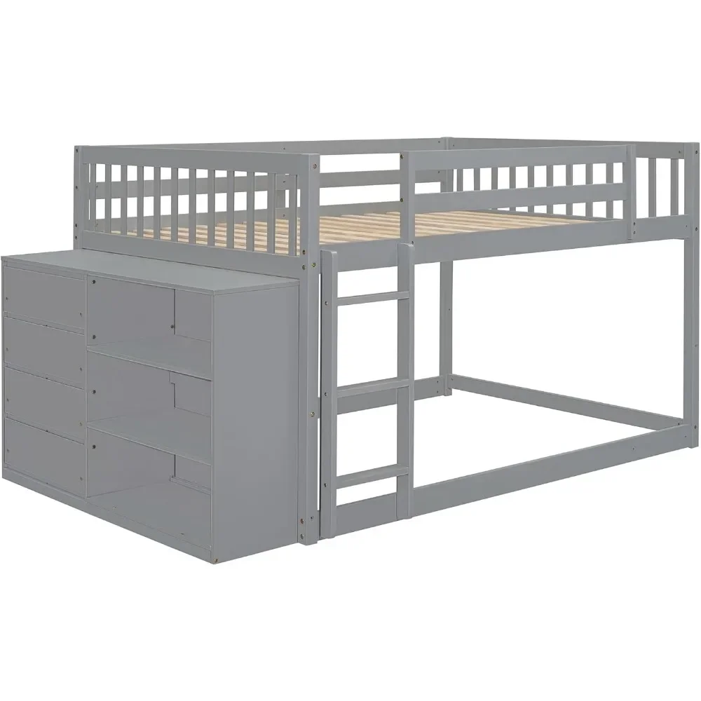 

Low Storage Bunks Beds Frame, Bunk Bed Full Over Full with Storage, Wood FullSize Floor Bunk Beds with 4 Drawers and 3 Shelves