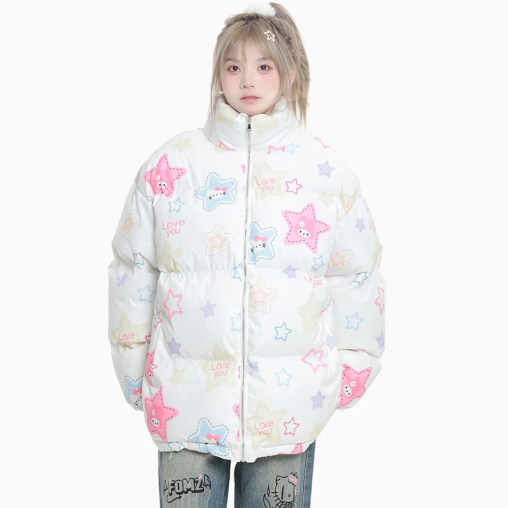 Sanrioed Y2K Hello Kitty Women Down Jacket Anime Kawaii Winter Cotton Jacket Thickened Warm Coat Student Tops Loose Cute Sweet