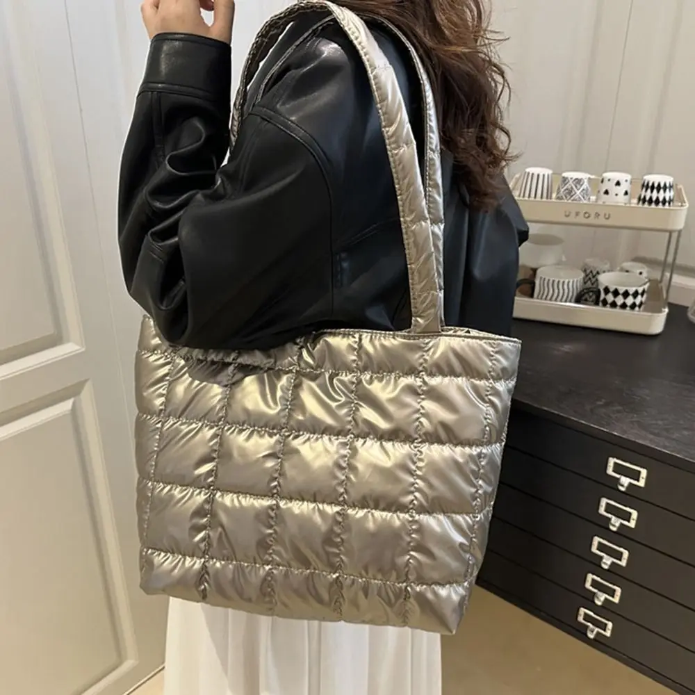 Fashion Solid Color Shoulder Bags Large Capacity Down Cotton Padded Quilted Tote Bag Shopping Bag Women Girls view 5