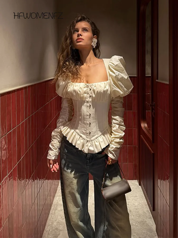 Blusa Casual de Mujer con Mangas Abullonadas, Cuello Cuadrado, Pliegues y Cordones en la Cintura, Primavera 2026