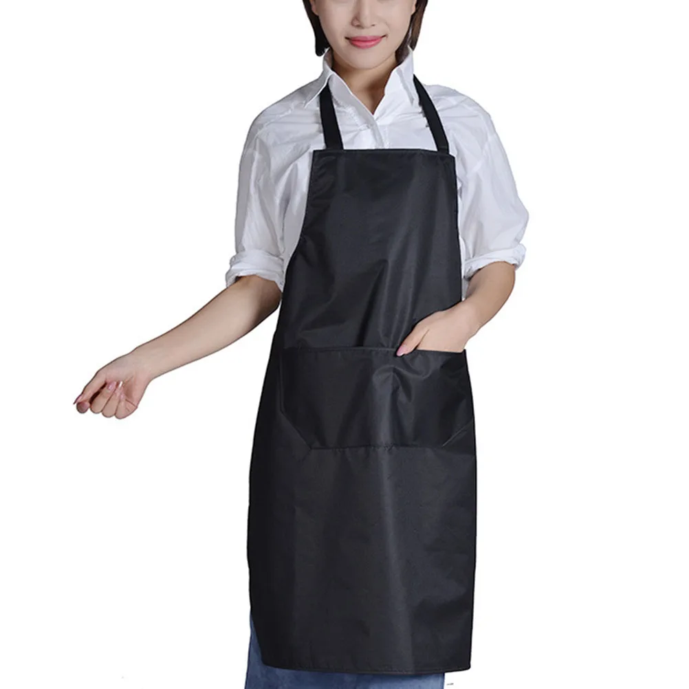

2 Pockets 60x70cm Black Waterproof Bib Apron for Kitchen Restaurant Workwear Halter Neck Sleeveless Dacron Apron with Storage