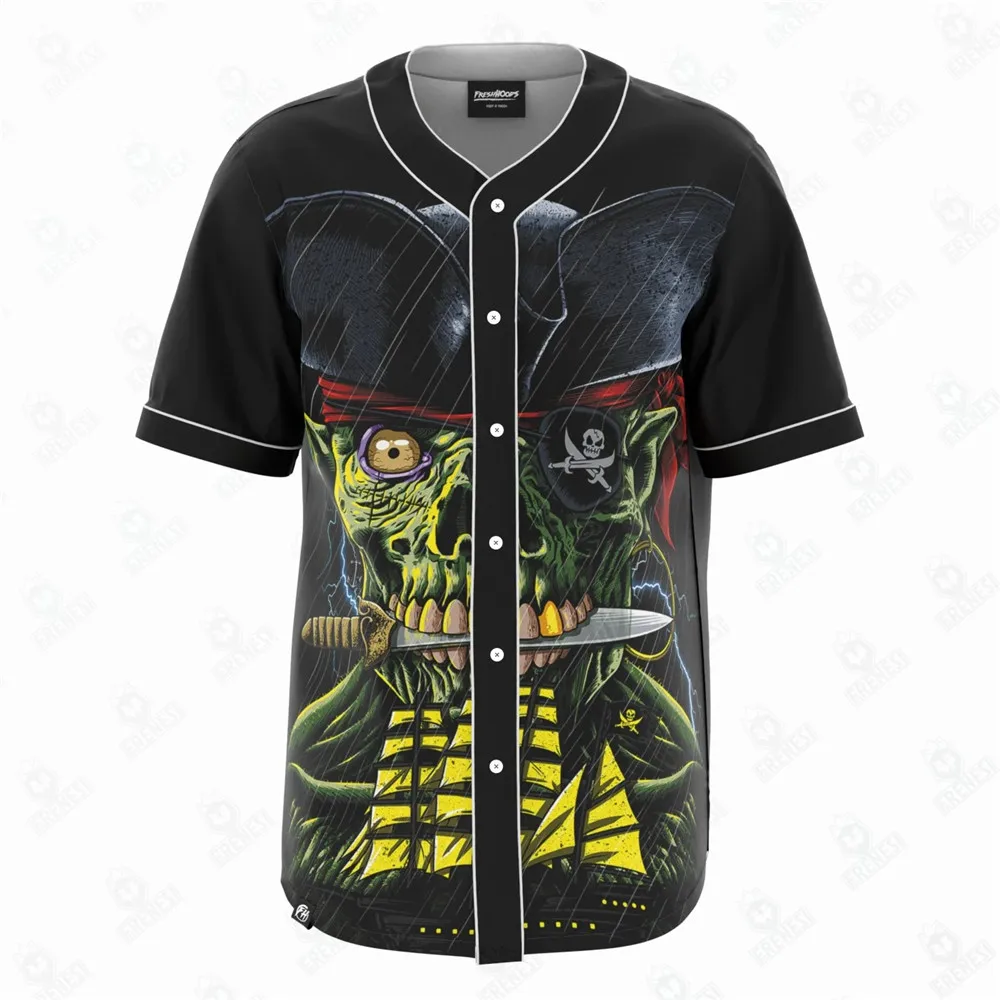 Freshhoods Pirate Zombie Baseball Shirt Street Shirt Hip Hop Jerseys Speler Softball Stitch Button Down Casual Fashion T-shirt