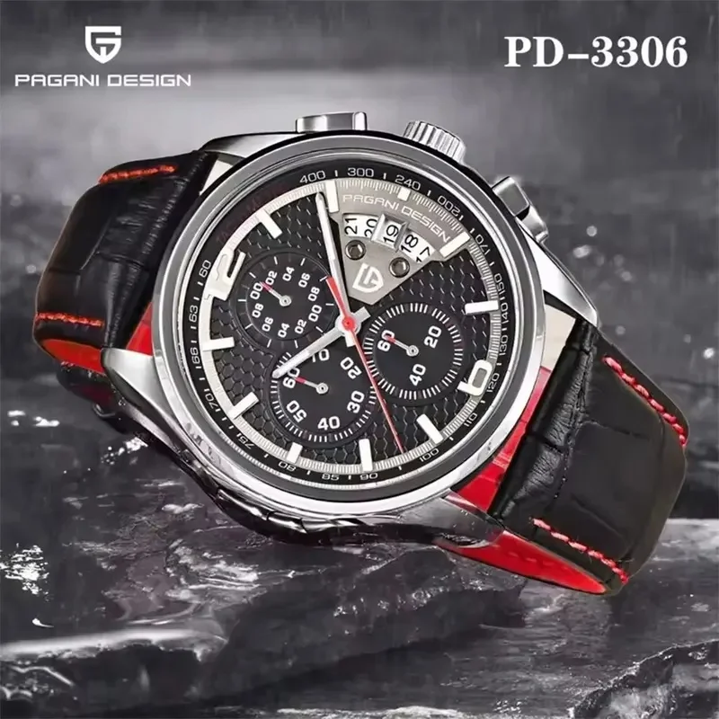 PAGANI‑DESIGN PD‑3306 Large Dial Men Quartz Watch Chronograph Tachymeter Hardlex Crystal Leather Strap Casual Male Sports view 5
