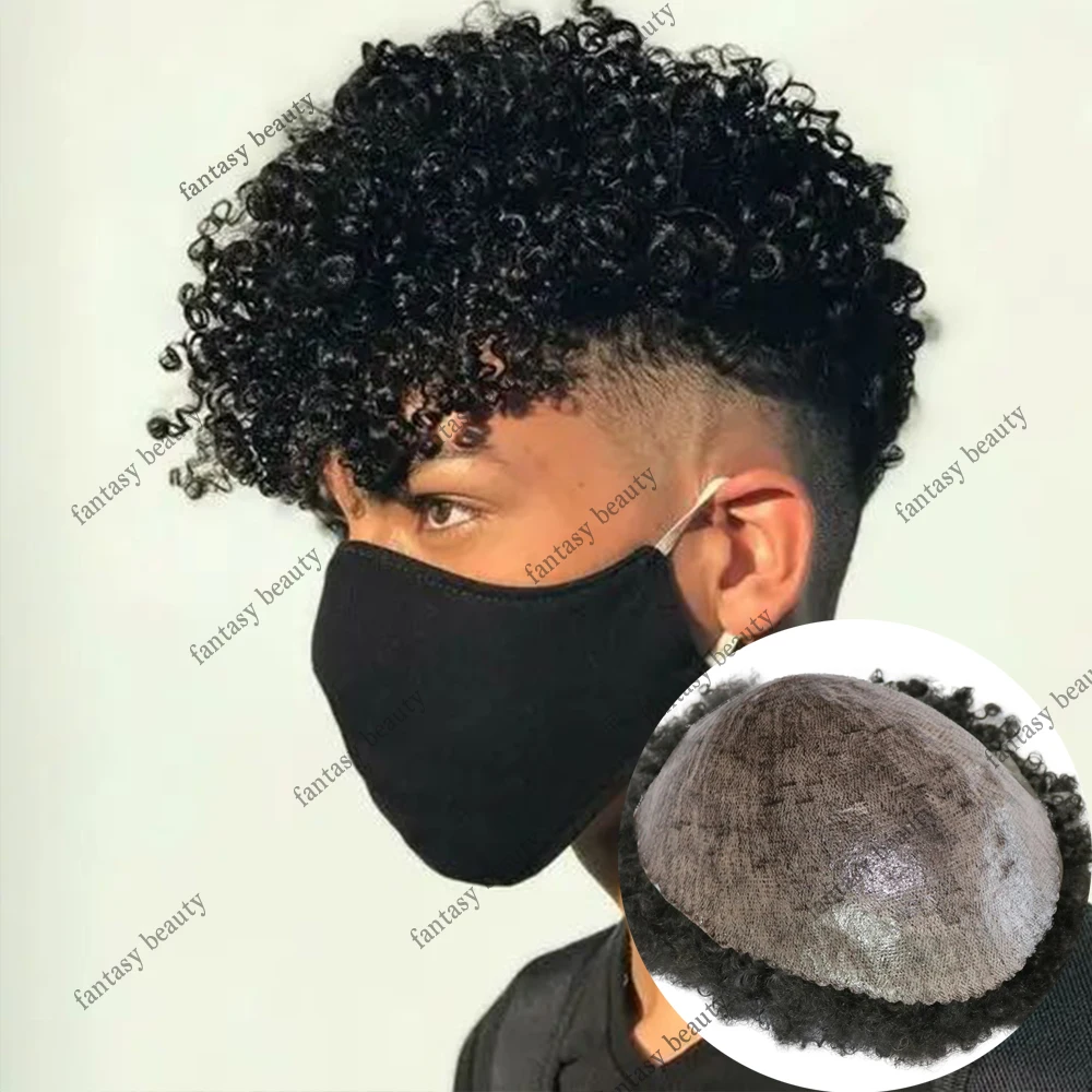 Afro Curly Weave Wig para homens, cabelo humano preto, sistema de substituição de tecido, pele fina, base PU, linha fina, durável, 8mm