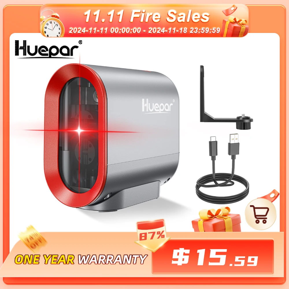 Huepar 2 lines Li-ion Battery Self-leveling Laser Level & self-leveling Red Beam Cross Line with Pulse Mode & adapter laser Tool