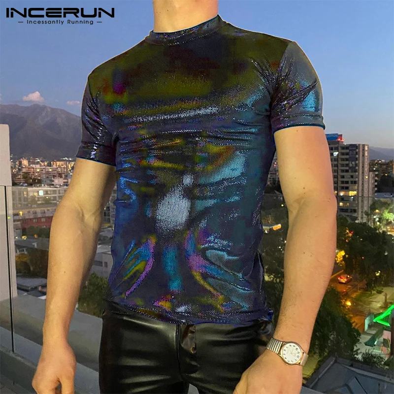 INCERUN Herren T-Shirt mit Rundhalsausschnitt, Glänzend, Kurzarm, Party-Camisetas, Fitness 2026, Streetwear, Dehnbar, Modisch, Lässige Herrenkleidung für den Sommer