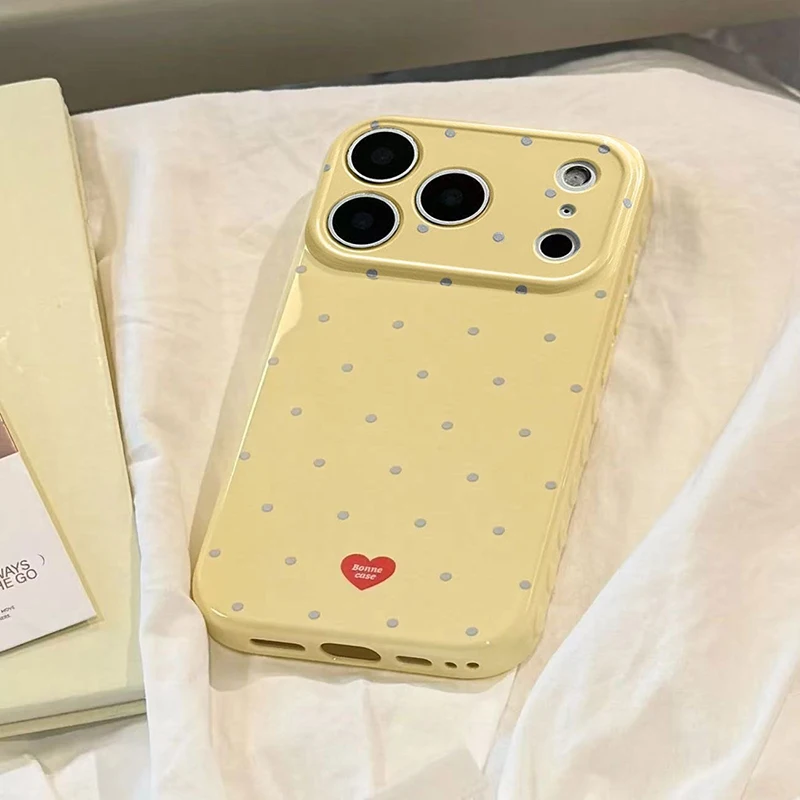 Koreanische Vollbild-Handyhülle mit Polka-Dot-Muster und Herz-Relief in Bonbonfarben für iPhone 18 17 16 15 14 13 12 Pro Max, stoßfeste Hülle – Detail 5