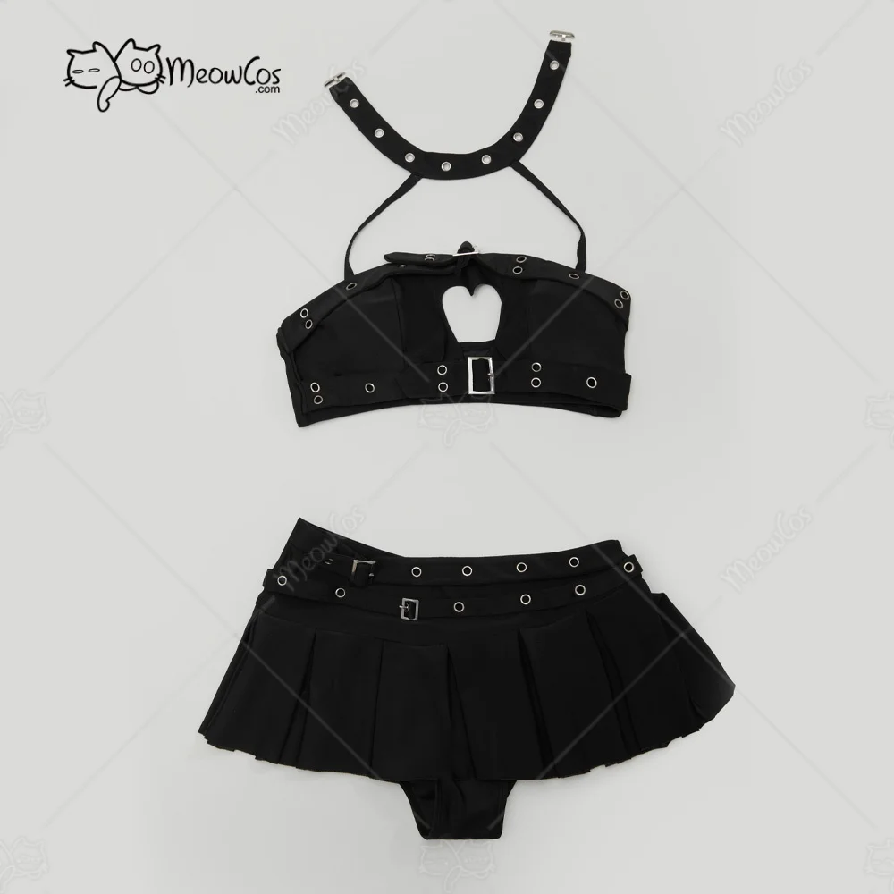 US Stock MEOWCOS Women Dark Rebel Gothic Black Heart Cutout Swimsuit Punky Buckle Two-Piece Beach Wear Halter Top and Culottes view 6