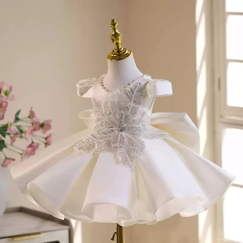 KLFLGD White Wedding Dress Gorgeous Elegant Satin Dance High-End Dress Baby Birthday Party Dress New Children's Gown