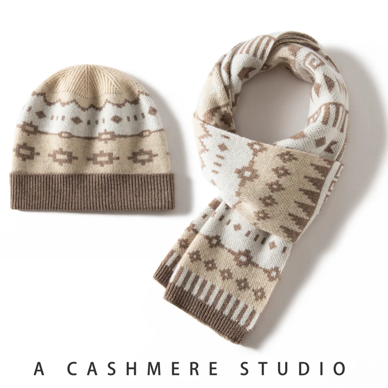 100% Pure Cashmere Hat Scarf 2-Piece Set Knitted Autumn Winter Warm Fashionable Headwear And Neck Warmer Combo
