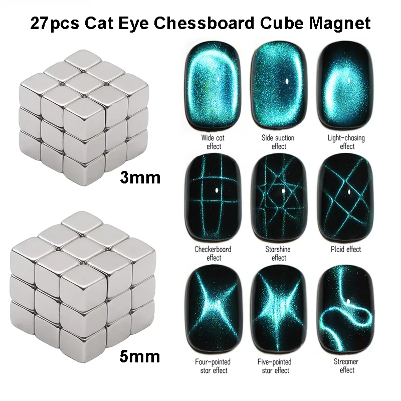 Multifunktions-Würfelmagnet, 27 Stück, Nagelkunst, Katzenauge, Schachbrett, Sternenlicht, Nagel, UV-Magnet, 3 mm/5 mm, Attraktionsmagnete, Maniküre-Werkzeug