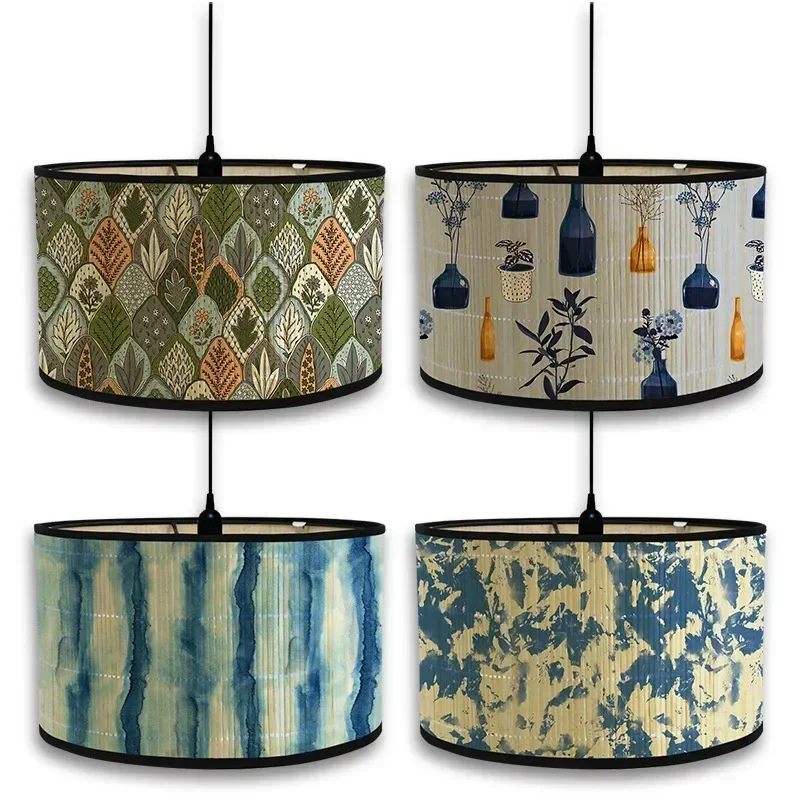 Handmade Lamp Cover Vintage Flower Print Lampshades Bamboo Foldable Hanging Floor Lamp with Light Cover Home Art Chandelier