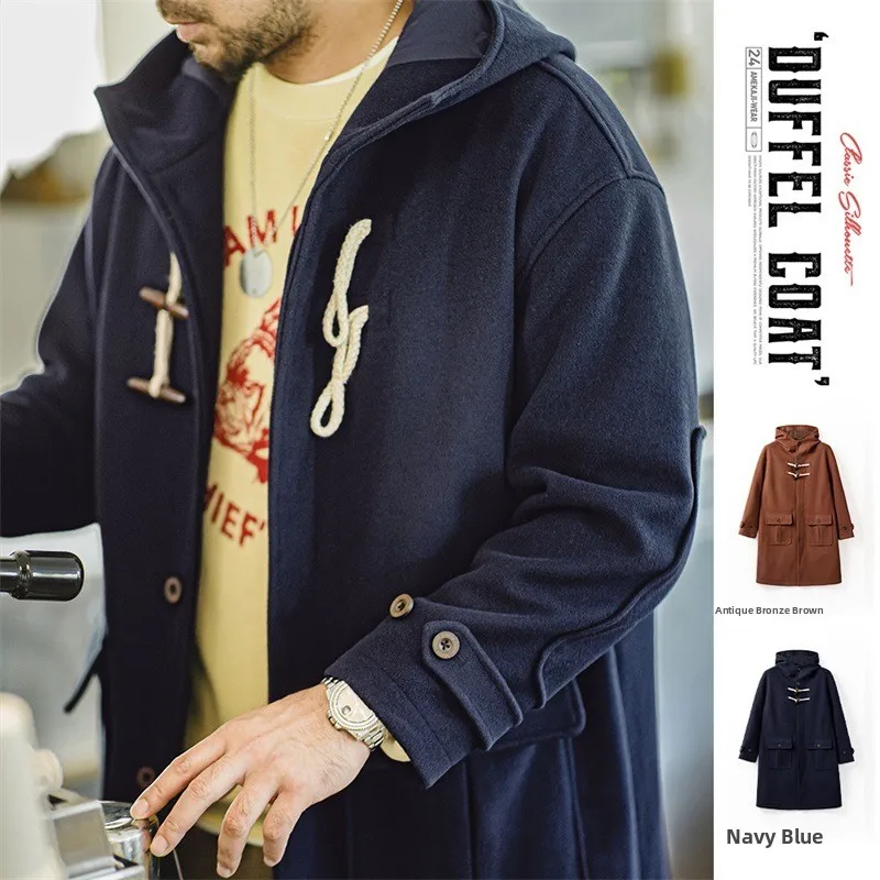 

Maden American Retro Horn Button Hooded Woolen Coat Long Loose Men's Autumn Winter Outerwear Youth Vitali Sle Polyester F...
