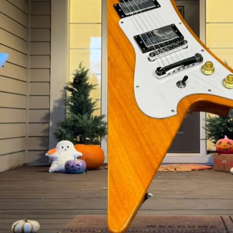 Amber Tiger Flame Maple Top VE Electric Guitar HH Pickups Fixed Bridge Aggressive Thick Tone Tilted Body Design Heavy Metal Rock