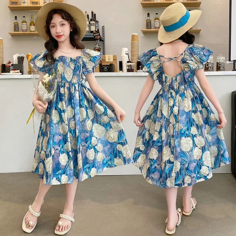 

2024 Girl's Summer Ice Blue Rose Dress New Children's Han Style Princess Dress Girl's Casual Drunken Flower Dress