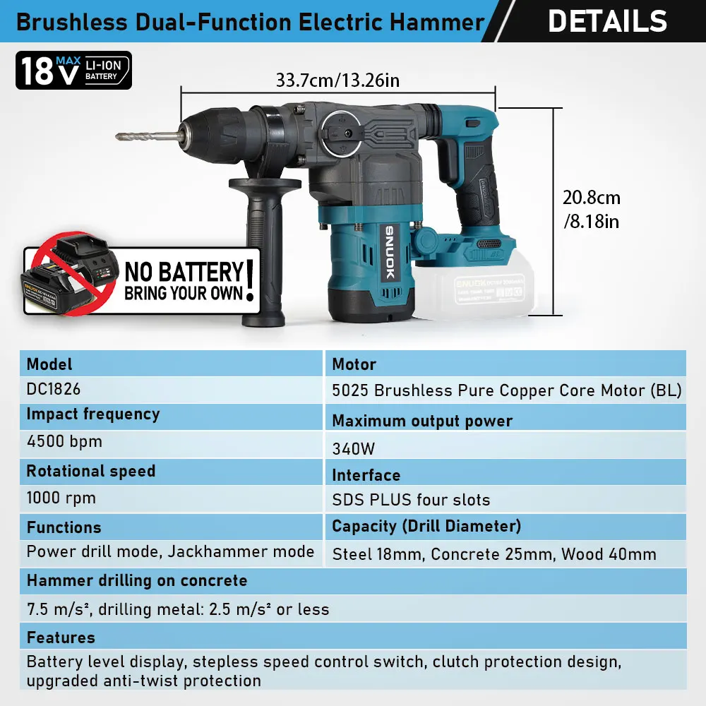 SNUOK 26mm Brushless Rotary Hammer Drill No Battery 4800IPM Four-Chisel Electric Pick Industrial For Makita 18V Lithium Battery