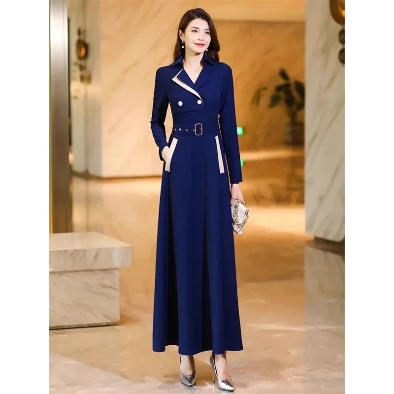 

Navy Blue High-end Dress Women's Long Sleeved Fashion Belt Dress Spring Autumn New Slim Elegant Long Dress Windbreaker 4XL