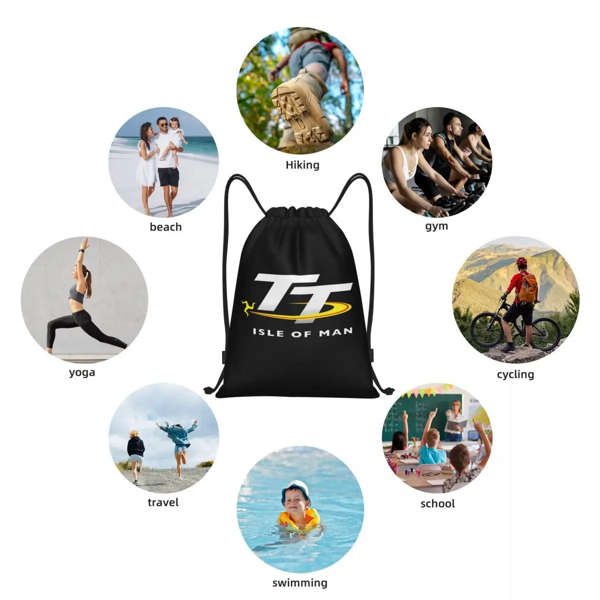 Isle of Man Portátil Drawstring Mochila, Preto Sacos De Armazenamento, TT Logo, Esportes Ao Ar Livre, Viajar, Ginásio, Yoga