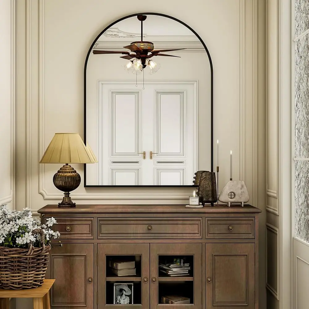 24x36 Arch-Shaped Wall Vanity Mirror with Black Metal Frame for Bathroom, Bedroom, and Living Room