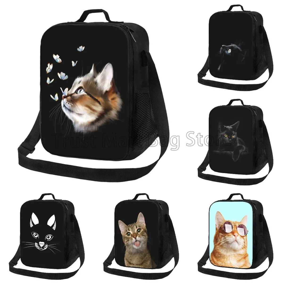 Portrait Cat with Butterflies Insulated Lunch Bag for School Work Picnic Beach Reusable Thermal Cooler Tote with Shoulder Strap