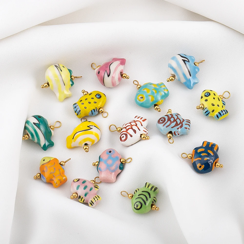 

2pcs Painted Ceramic Multiple Styles Fish Pendants Stainless Steel Charms Handmade for DIY Jewelry Making Necklace Accessories