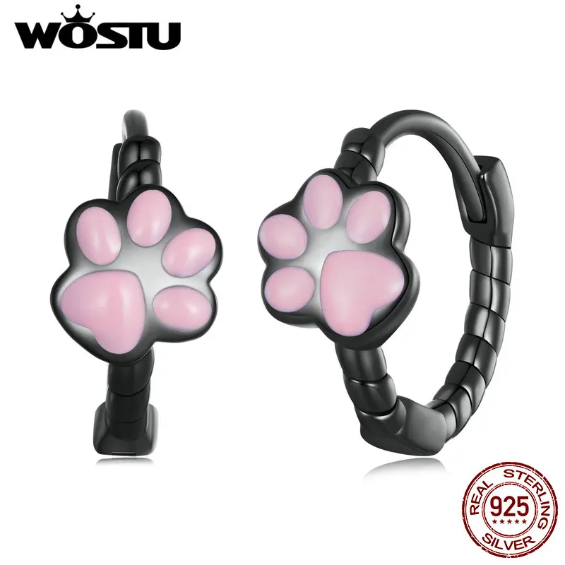 WOSTU 925 Sterling Silver Black Gold Pink Pet Cat Claw Hoop Earrings Women Lovely Animal Drop Ear Clips Birthday Jewelry Gift