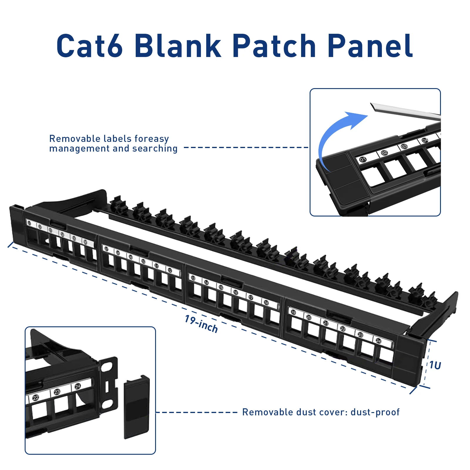 ZoeRax 24-Port Cat6 Cat5e Panel Patch tanpa pelindung, sisipan dapat dilepas, 19 inci/1U jaringan Panel hanya menggunakan Slim Profile Keystone