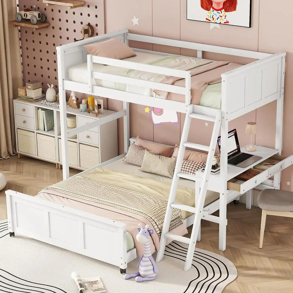 

L-Shaped Wooden Twin Over Full Bunk Bed with Storage, Desk, and Guardrails for Kids and Adults - Space-Saving White Design