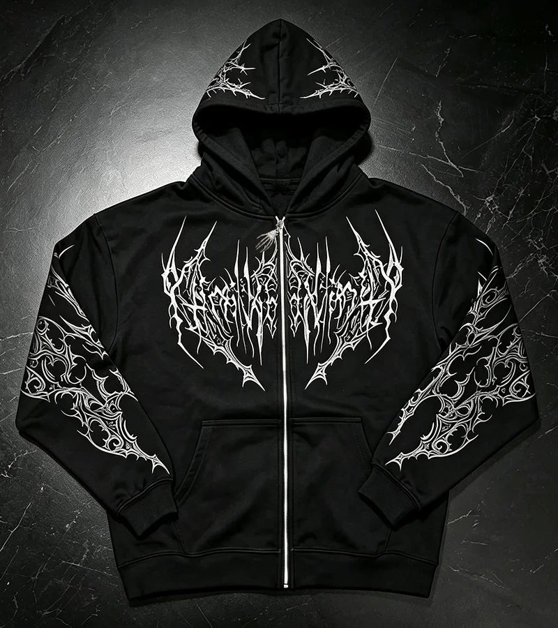 Herren Alt Gothic Zip-Up Hoodie Y2k High Street American Style Dunkler Dornen-Print Fleece-gefütterter Loser Biker Herbst-Winter-Sweatshirt – Detail 17