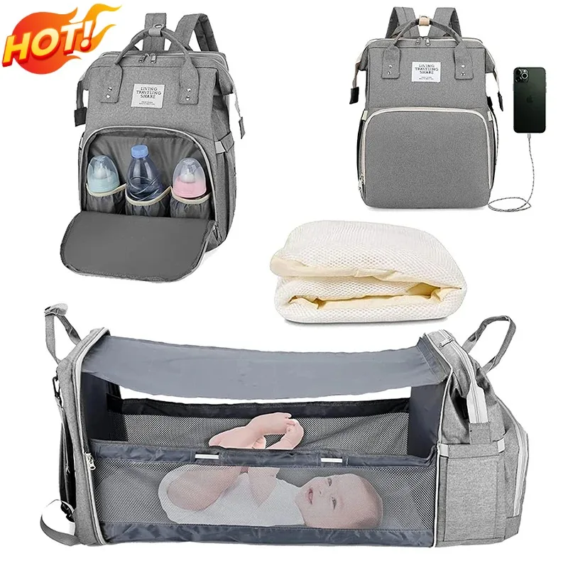 Fashionable Mommy Bag Folding Baby Bed Mother Large Capacity Portable Milk Bottle Diaper Double Shoulder Mom's Bag