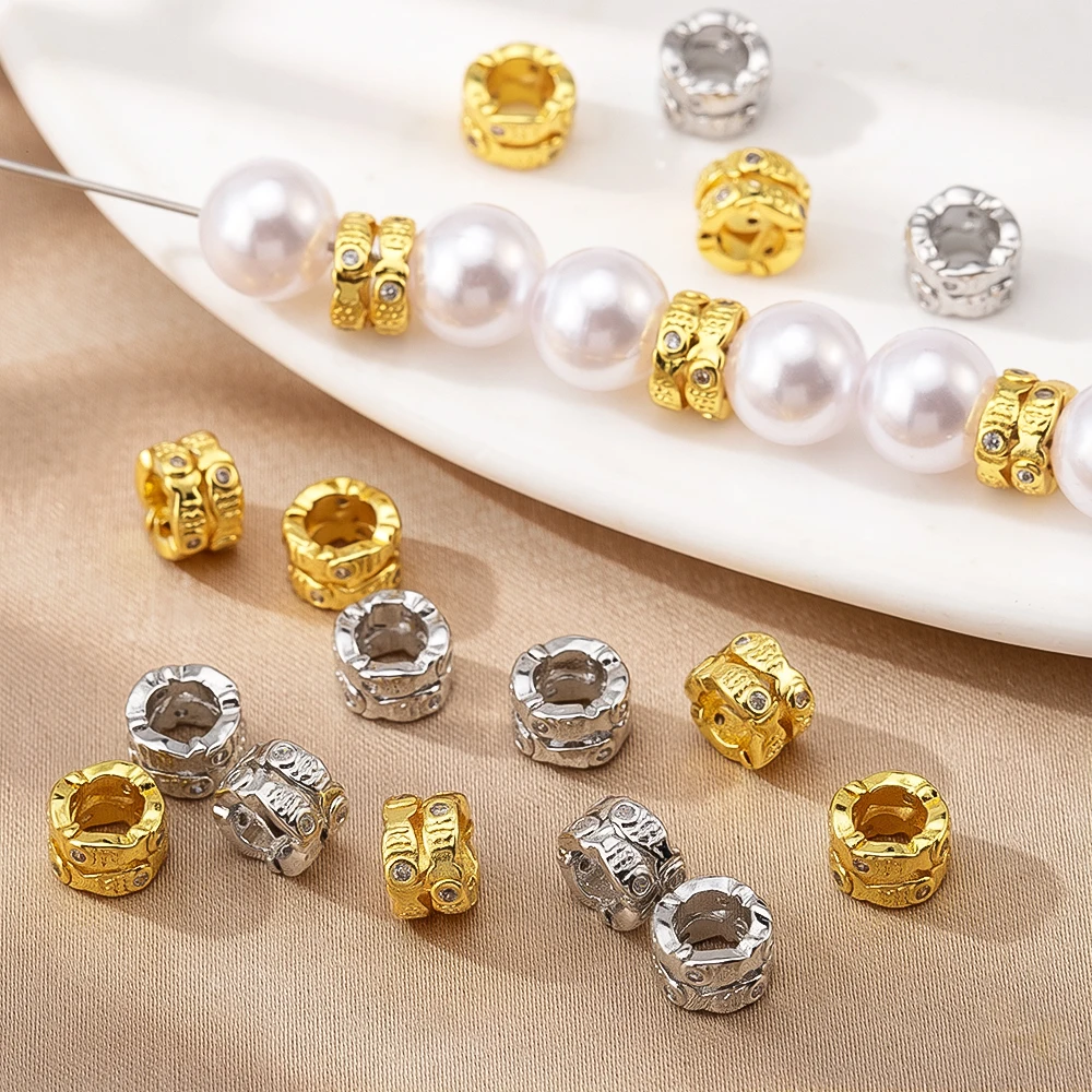 18K Gold-Plated Copper Micro-Inlaid Zircon Large Hole Spacer Beads, Wheel Beads Loose Beads for DIY Rope Bracelet Jewelry